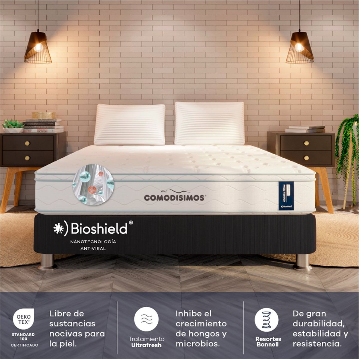 COMODISIMOS - Colchón con Base Cama Queen Firmeza Media Ortopédico Resortado con Pillow Atlántico 160 x 190 cm  + 2 Almohadas Comodisimos 