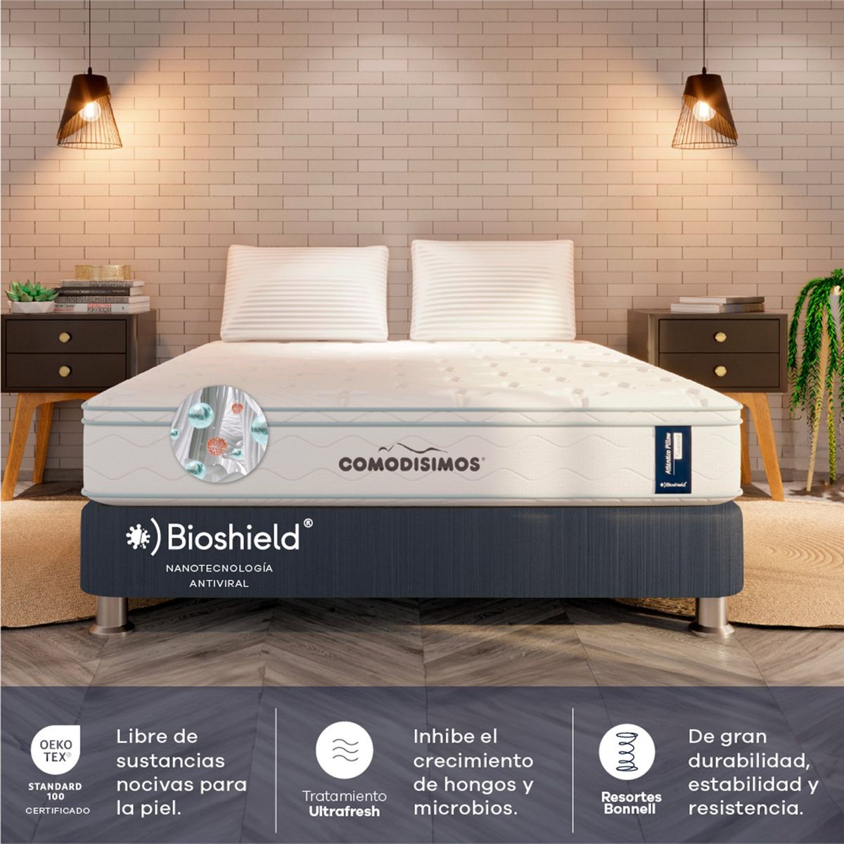 COMODISIMOS - Colchón con Base Cama Queen Firmeza Media Ortopédico Resortado con Pillow Atlántico 160 x 190 cm  + 2 Almohadas Comodisimos 