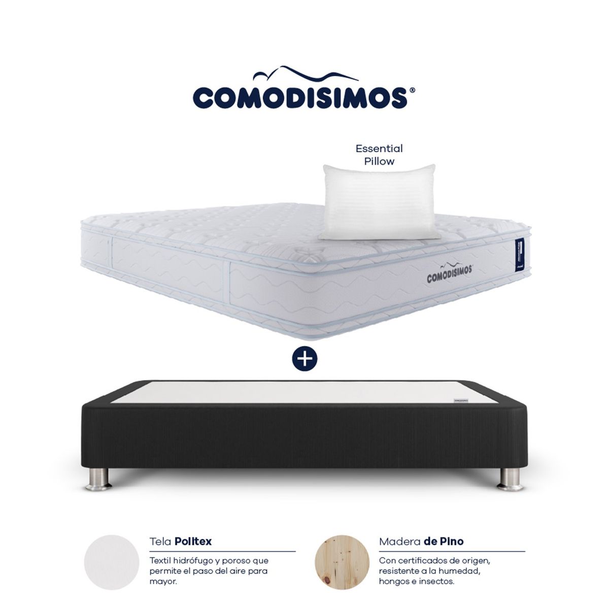 COMODISIMOS - Colchón con Base Cama Sencillo Firmeza Media Ortopédico Resortado con Pillow Atlántico 100 x 190 cm  + Almohada Comodisimos 