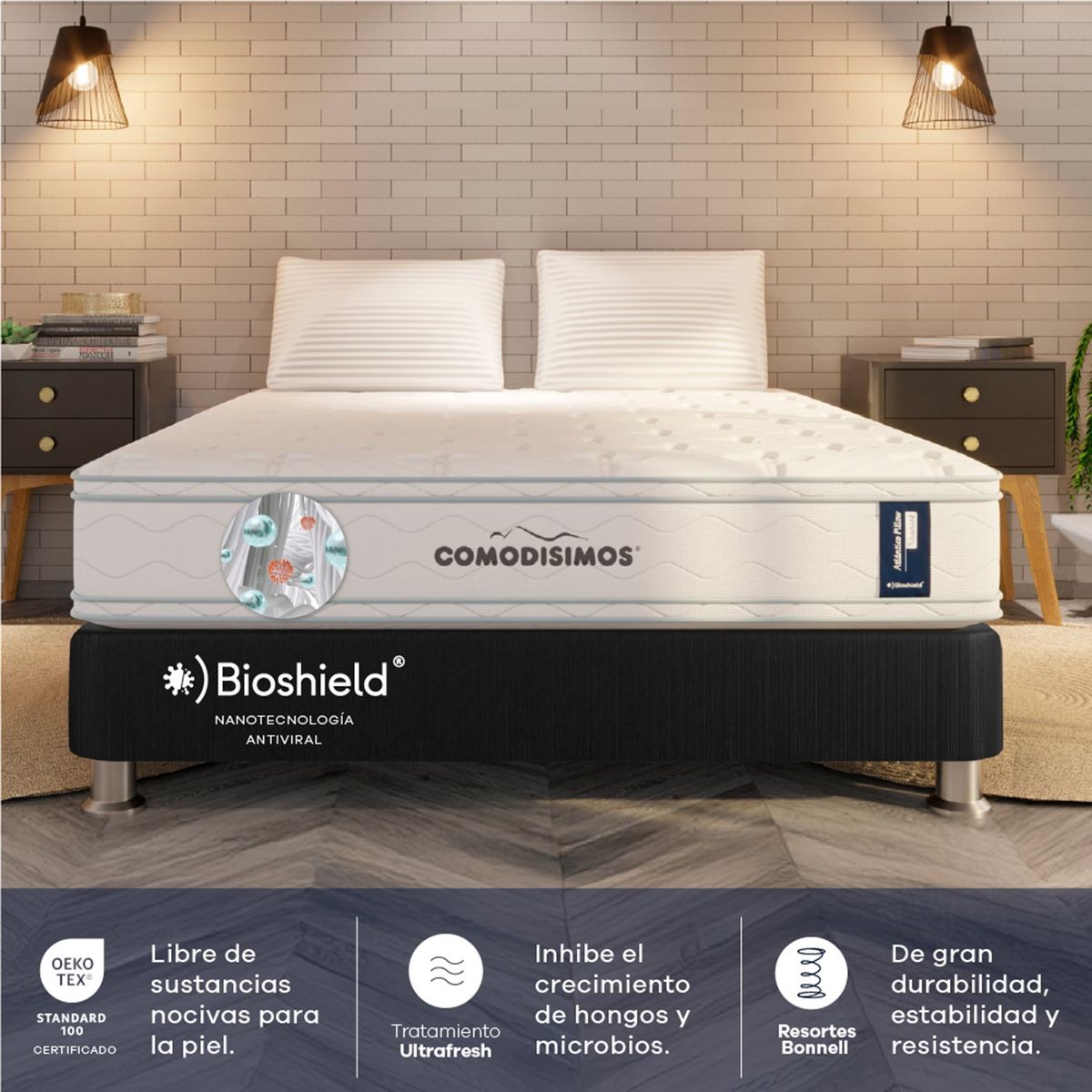 COMODISIMOS - Colchón con Base Cama Sencillo Firmeza Media Ortopédico Resortado con Pillow Atlántico 100 x 190 cm  + Almohada Comodisimos 