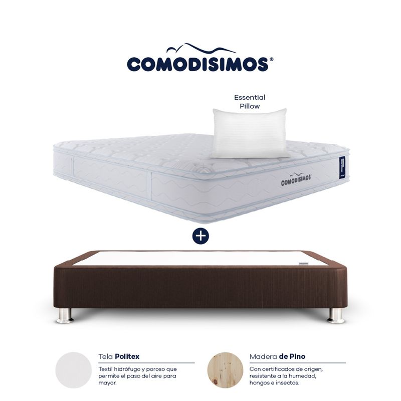 COMODISIMOS - Colchón con Base Cama Semidoble Firmeza Media Ortopédico Resortado con Pillow Atlántico 120 x 190 cm  + Almohada Comodisimos 