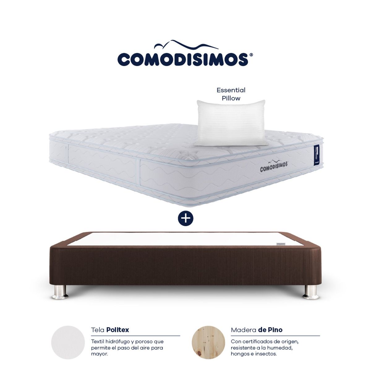 COMODISIMOS - Colchón con Base Cama Semidoble Firmeza Media Ortopédico Resortado con Pillow Atlántico 160 x 190 cm  + 2 Almohadas Comodisimos 