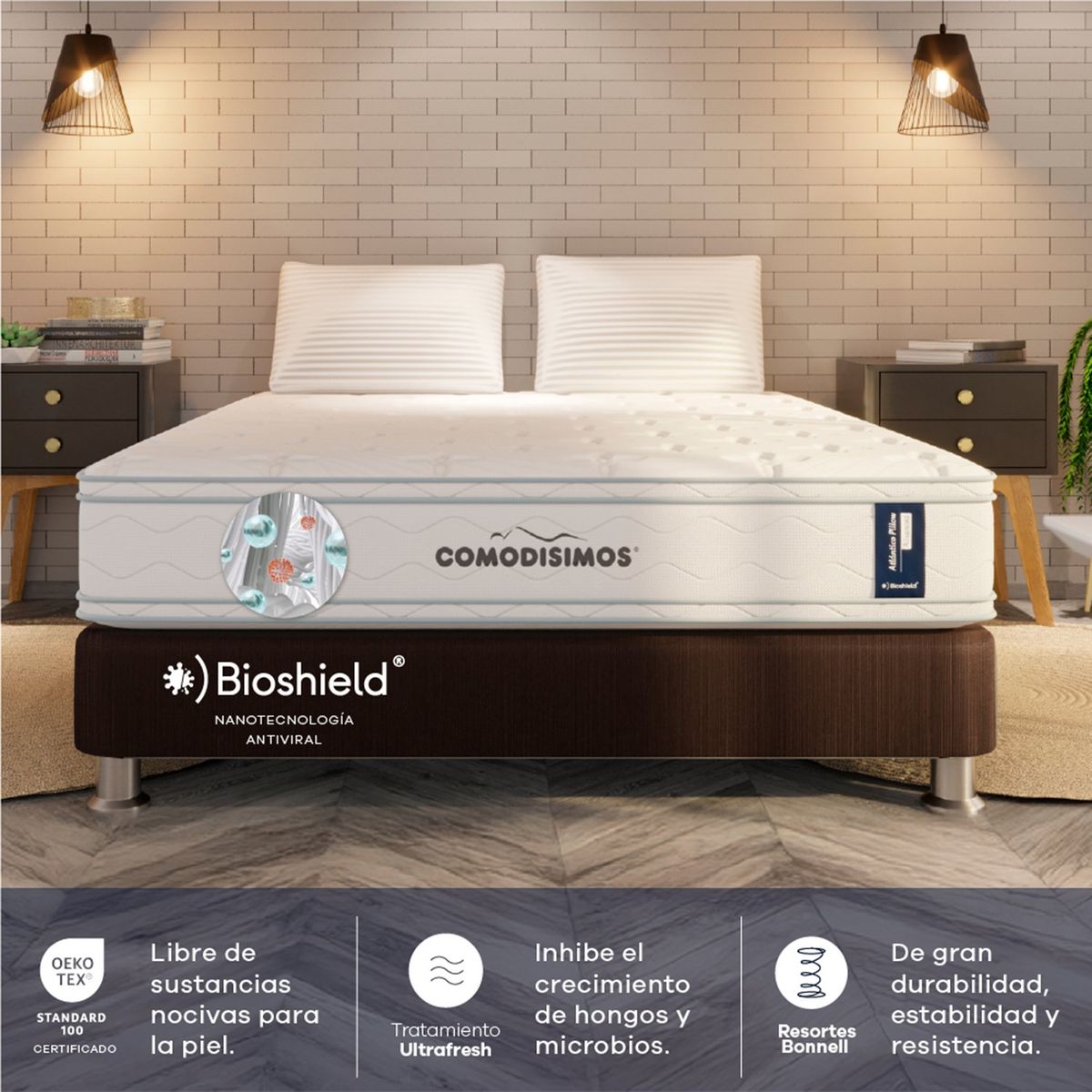 COMODISIMOS - Colchón con Base Cama Semidoble Firmeza Media Ortopédico Resortado con Pillow Atlántico 160 x 190 cm  + 2 Almohadas Comodisimos 