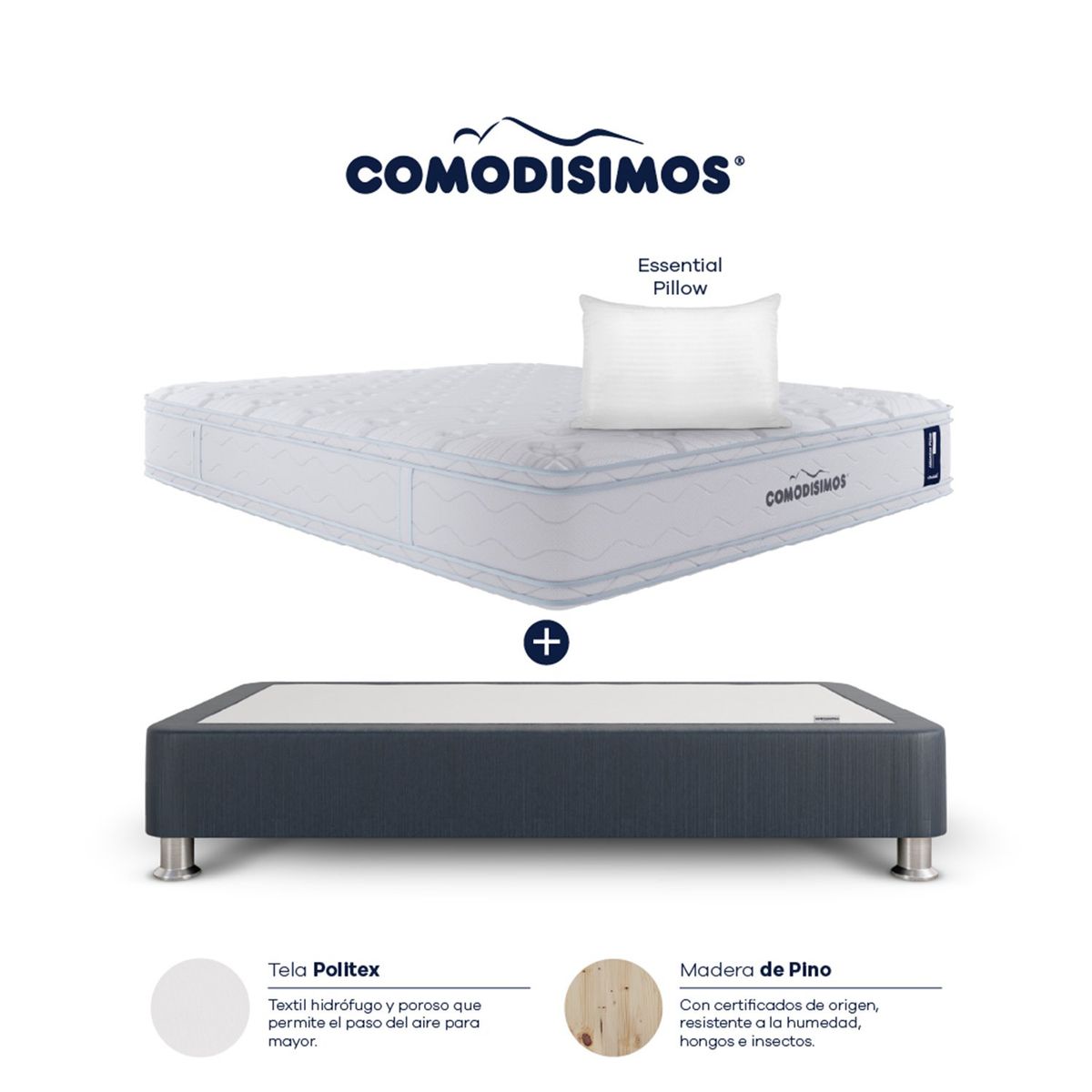 COMODISIMOS - Colchón con Base Cama Semidoble Firmeza Media Ortopédico Resortado con Pillow Atlántico 160 x 190 cm  + 2 Almohadas Comodisimos 
