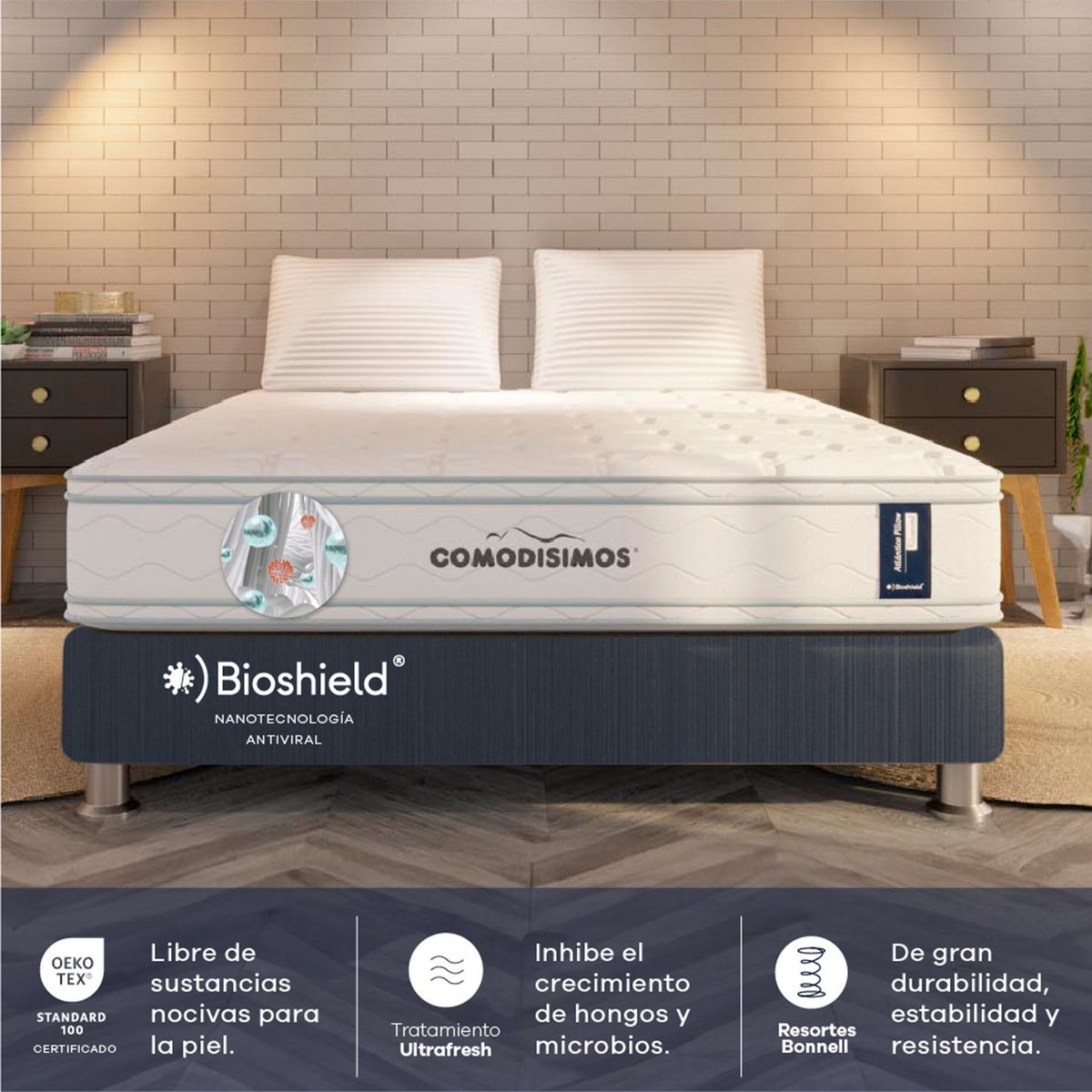 COMODISIMOS - Colchón con Base Cama Semidoble Firmeza Media Ortopédico Resortado con Pillow Atlántico 160 x 190 cm  + 2 Almohadas Comodisimos 