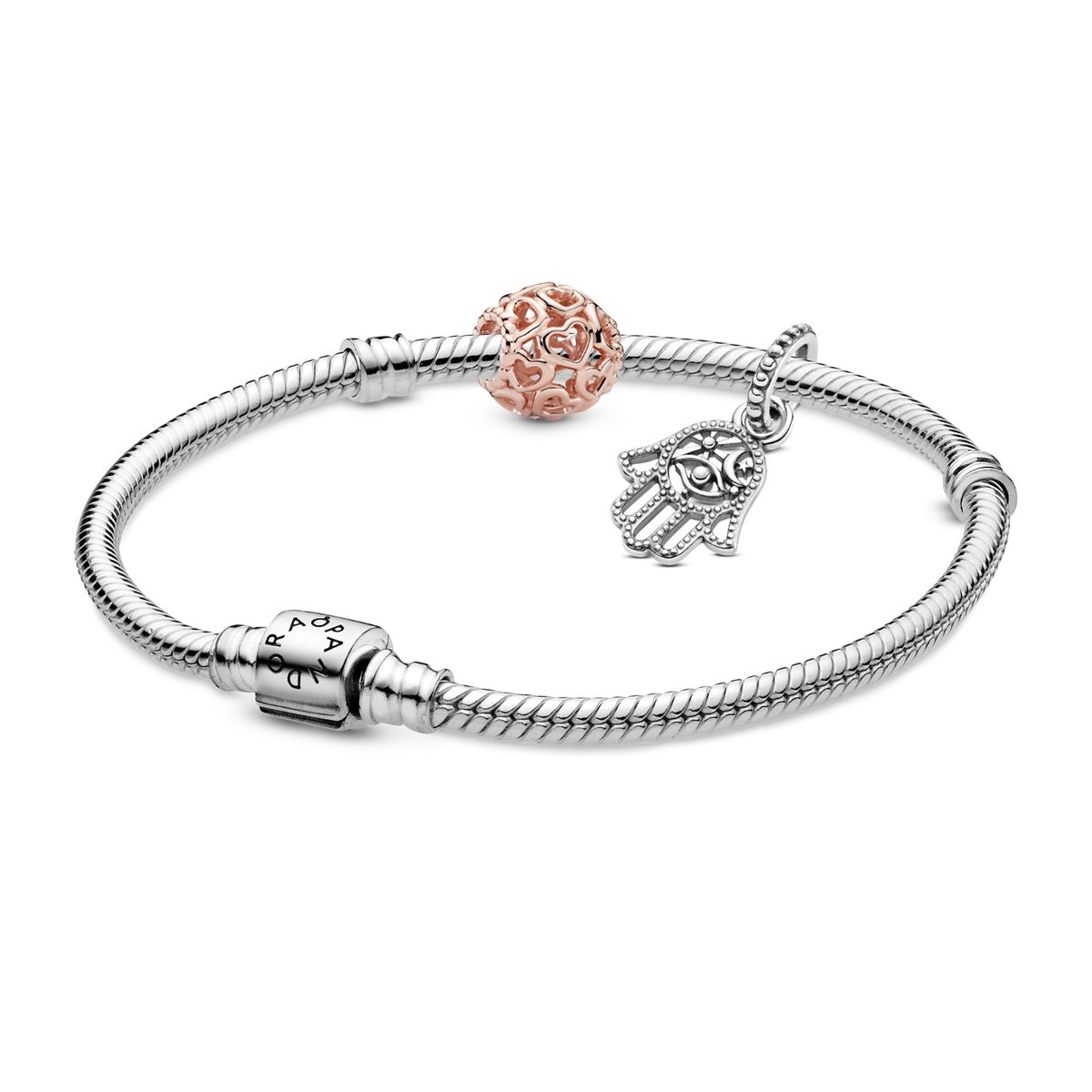 PANDORA - Set Pandora Corazónes y Mano Hamsa Plata esterlina y Recubrimiento en Oro Rosa