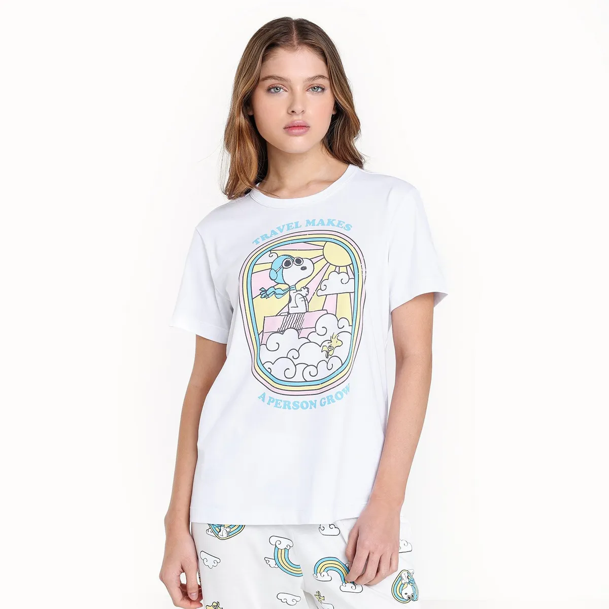 SYBILLA - Pijama completa Snoopy con pantalón Largo para Mujer Manga corta de Algodón Sybilla 