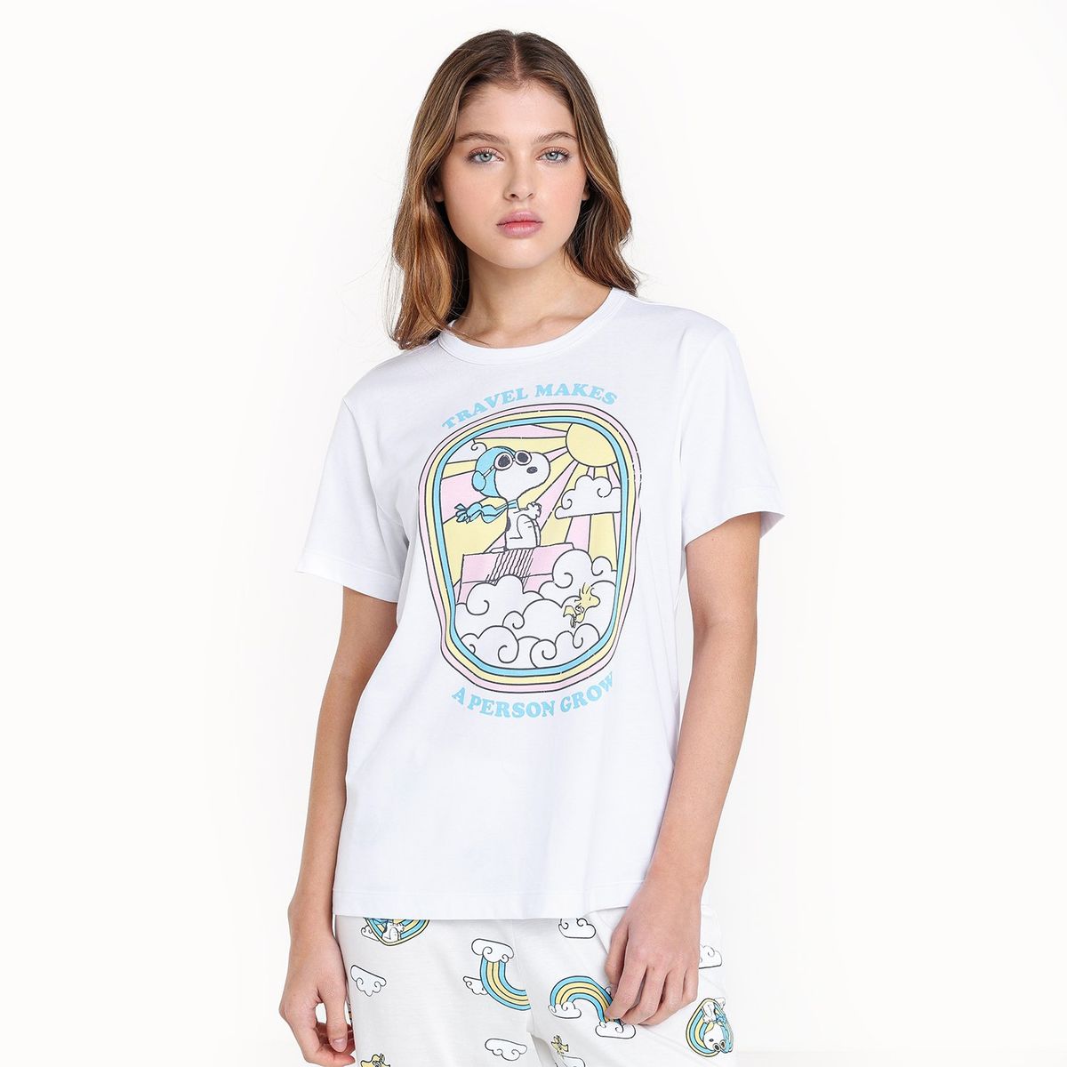 SYBILLA - Pijama completa Snoopy con pantalón Largo para Mujer Manga corta de Algodón Sybilla 