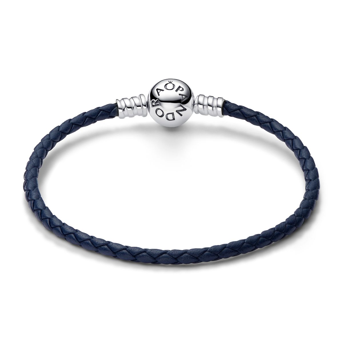 PANDORA - Brazalete Pandora Moments Cuero Trenzado Azul con Cierre Redondo Plata Esterlina