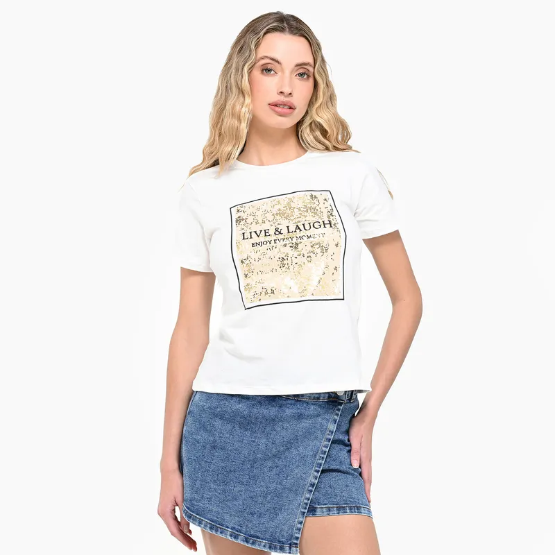 MOSSIMO - Camiseta Mujer con Estampado Manga corta de Algodón Mossimo