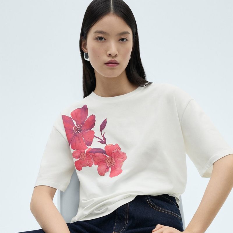 MANGO - Camiseta Mujer con Estampado Manga corta de Algodón MANGO