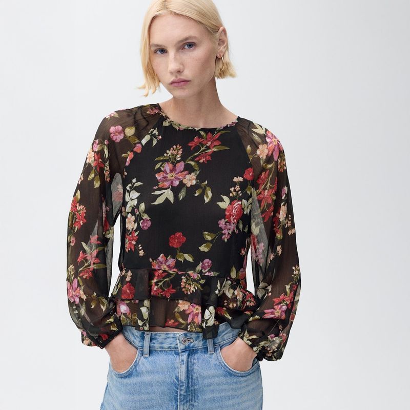 MANGO - Blusa Mujer de Flores Manga larga globo  MANGO