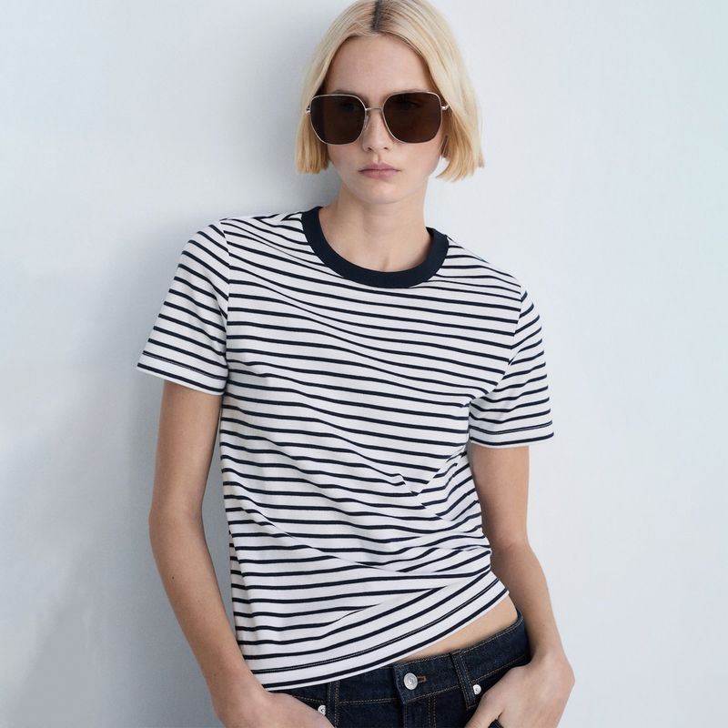 MANGO - Camiseta Mujer de Rayas Manga corta de Algodón MANGO