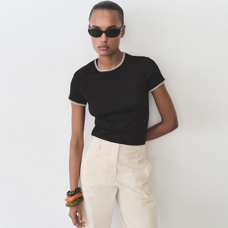 MANGO - Camiseta Mujer Tejido Manga corta de Algodón MANGO