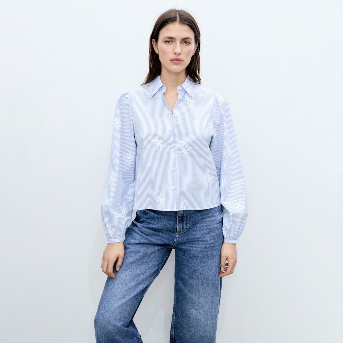 MANGO - Camisa Mujer con Bordado Manga larga globo de Algodón MANGO