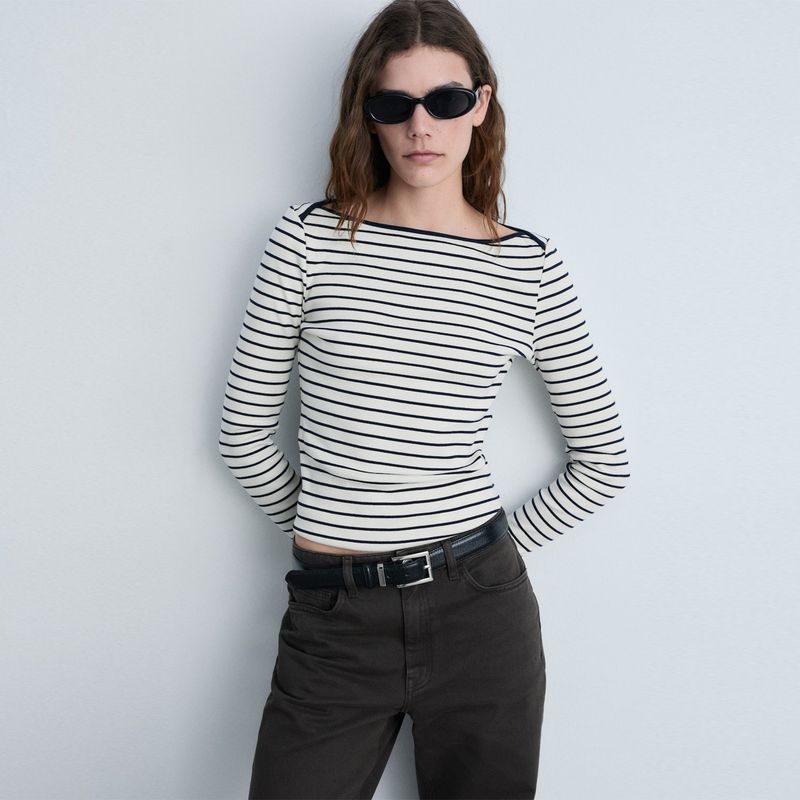 MANGO - Camiseta Mujer de Rayas Manga larga de Algodón MANGO