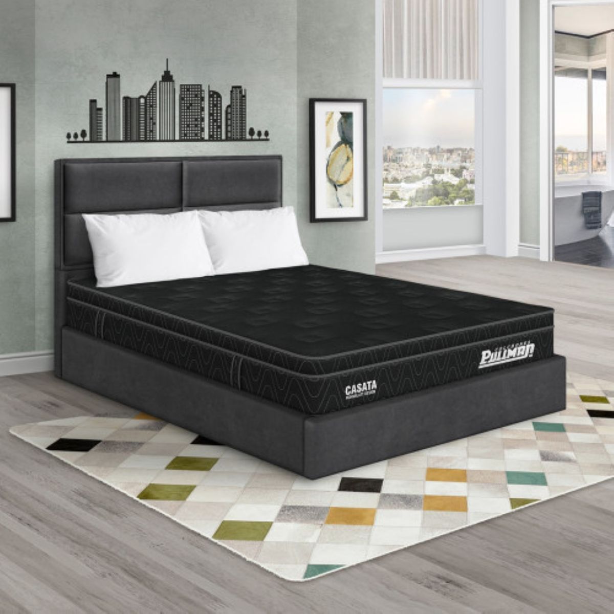 PULLMAN - Colchón con Base Cama Semidoble Firme Ortopédico con Pillow Espumado Casata 120 x 190 cm + Almohada + Cabecero Pullman 