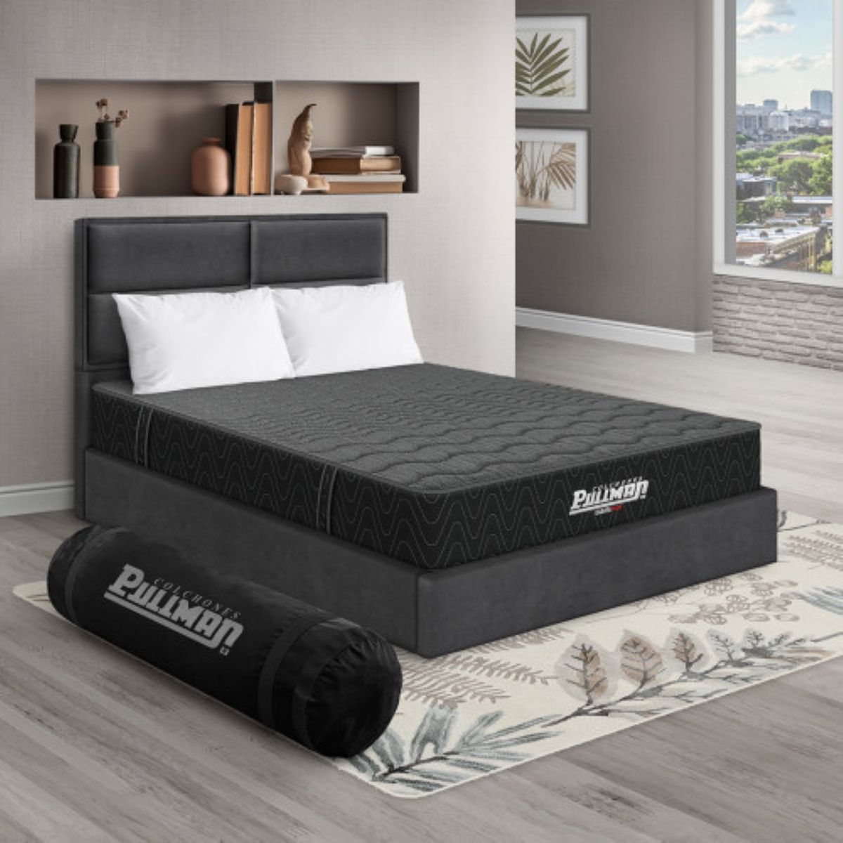 PULLMAN - Colchón con Base Cama Doble Firme Ortopédico con Pillow Espumado Casata Pack 140 x 190 cm + 2 Almohada + Cabecero Pullman 