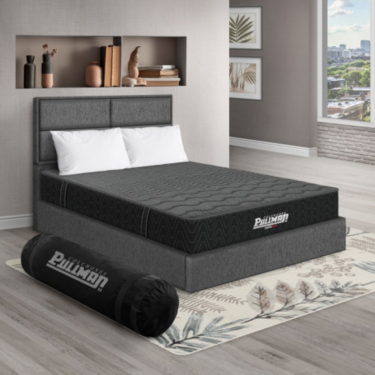 PULLMAN - Colchón con Base Cama Queen Firme Ortopédico con Pillow Espumado Casata Pack  + 2 Almohada + Cabecero Pullman 