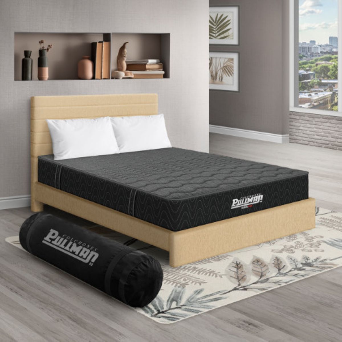 PULLMAN - Colchón Cama Queen Firme Ortopédico con Pillow Espumado Casata Pack  + 2 Almohada + Cabecero Pullman 