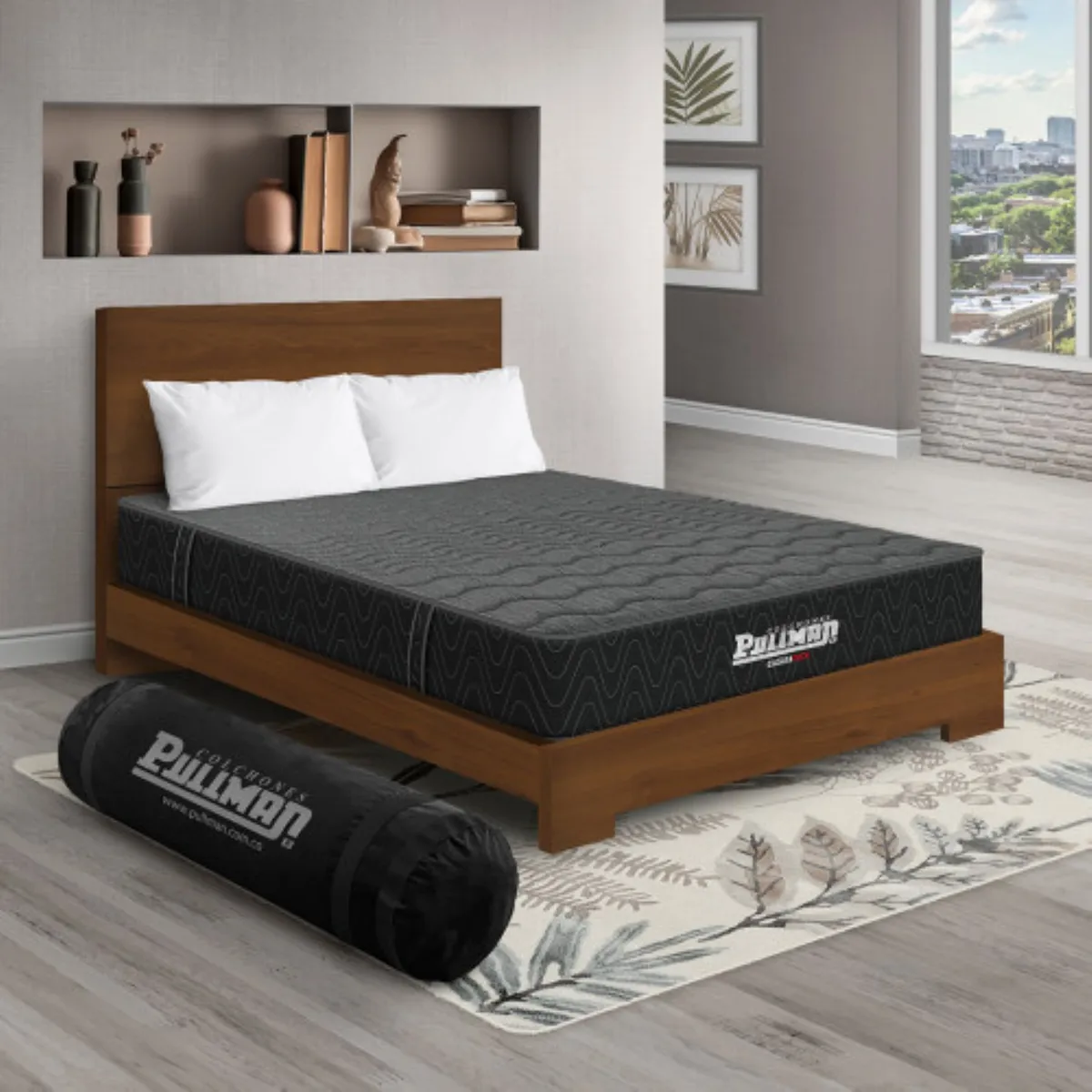 PULLMAN - Colchón con Cama Semidoble Firme Ortopédico con Pillow Espumado Casata Pack 120 x 190 cm + Almohada + Cabecero Pullman 