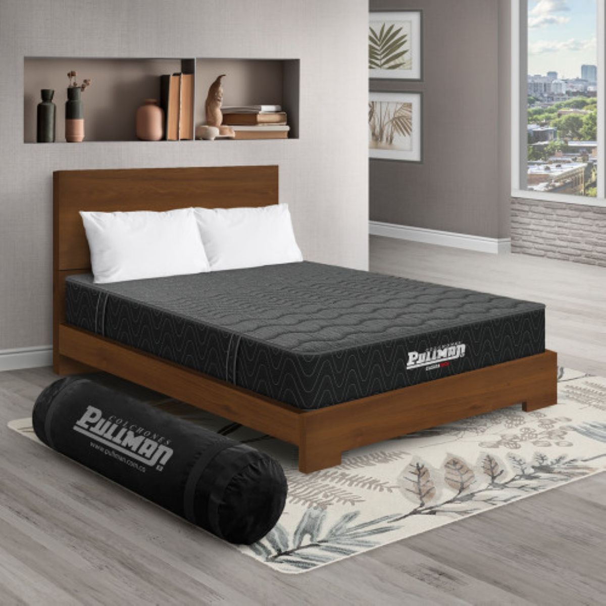 PULLMAN - Colchón con Cama Semidoble Firme Ortopédico con Pillow Espumado Casata Pack 120 x 190 cm + Almohada + Cabecero Pullman 