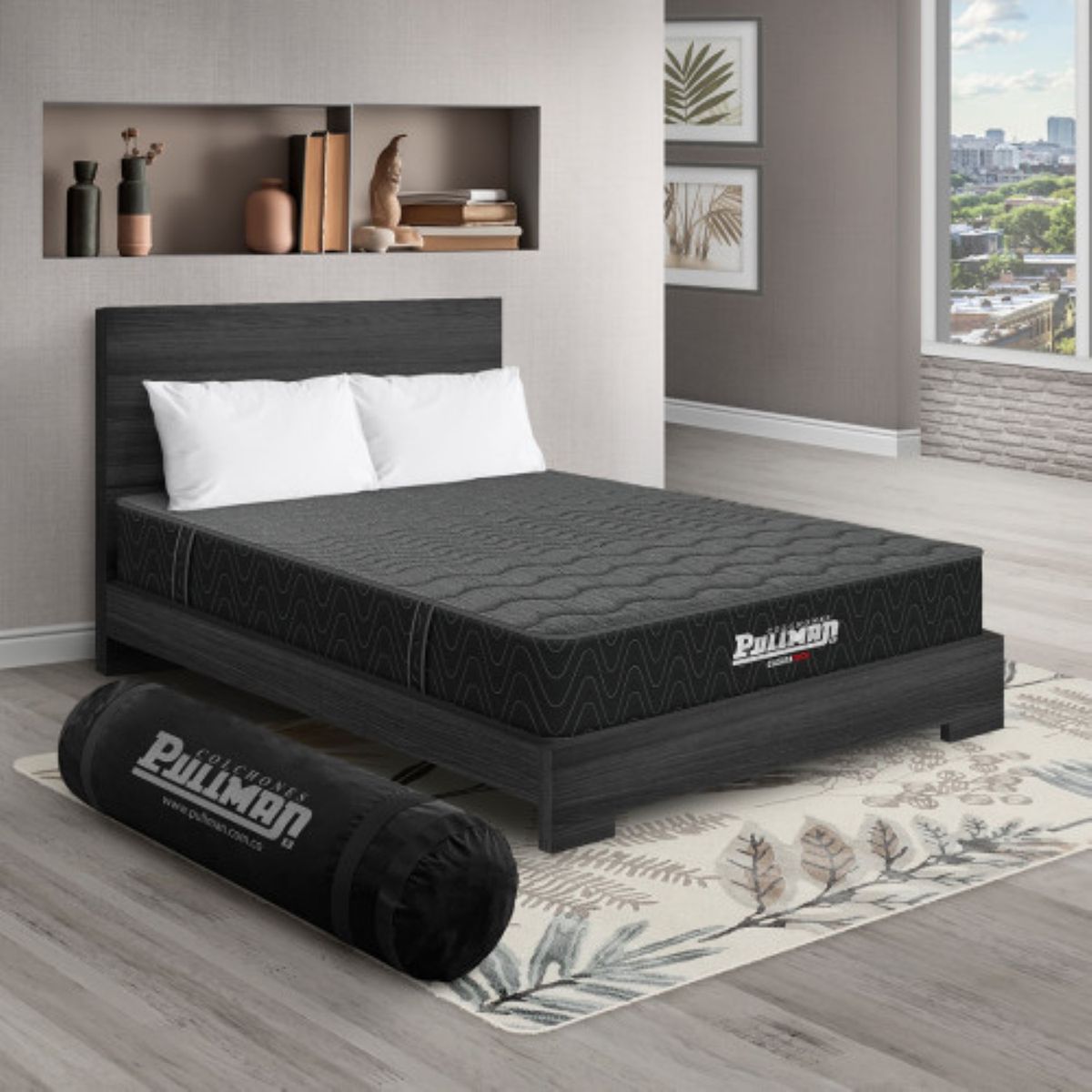 PULLMAN - Colchón con Cama Semidoble Firme Ortopédico con Pillow Espumado Casata Pack 120 x 190 cm + Almohada + Cabecero Pullman 