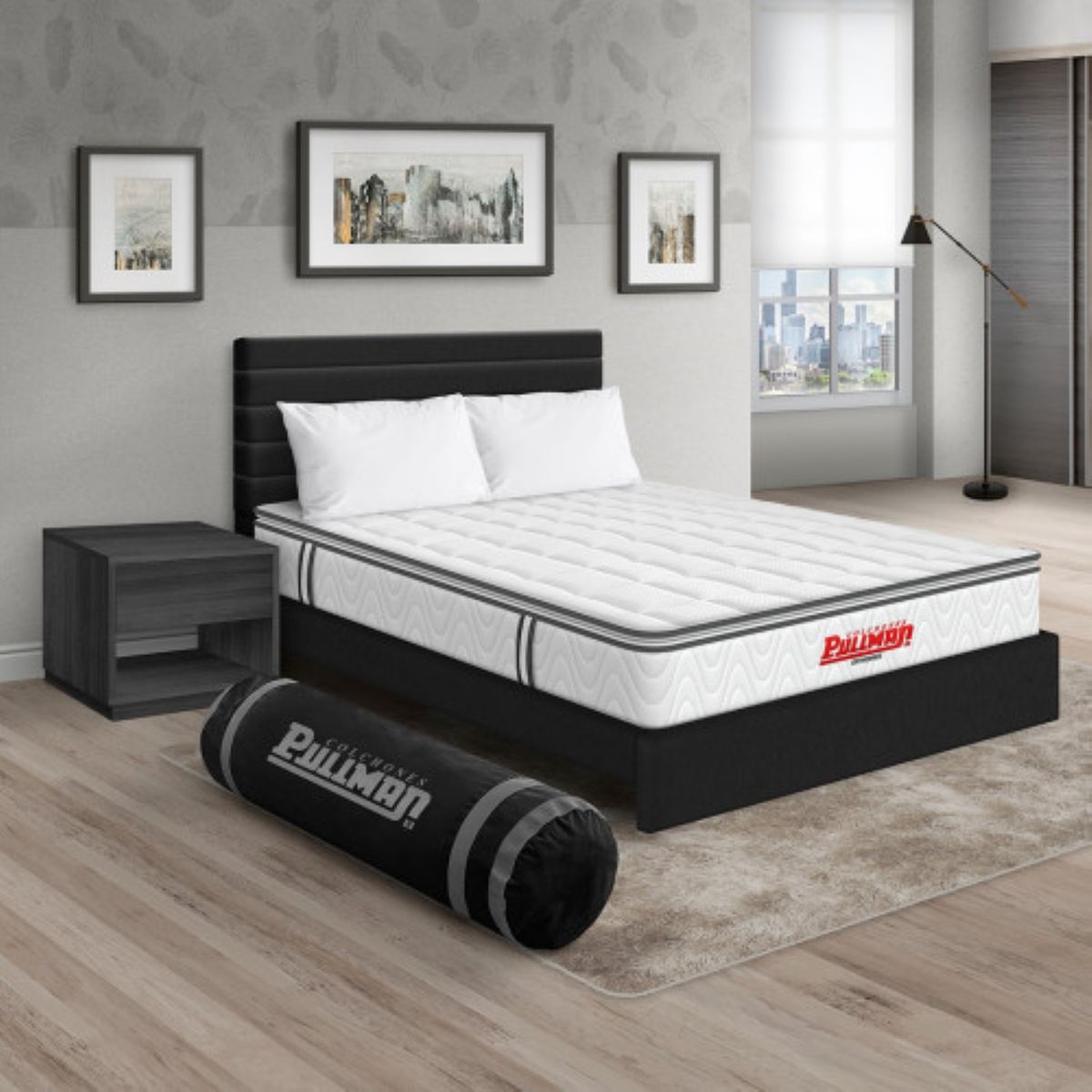 PULLMAN - Colchón Cama King Firmeza Media Ortopédico con Pillow Resortado Orthopack BTU 200 x 200 cm + 2 Almohada + Cabecero + Mesa de Noche Pullman 