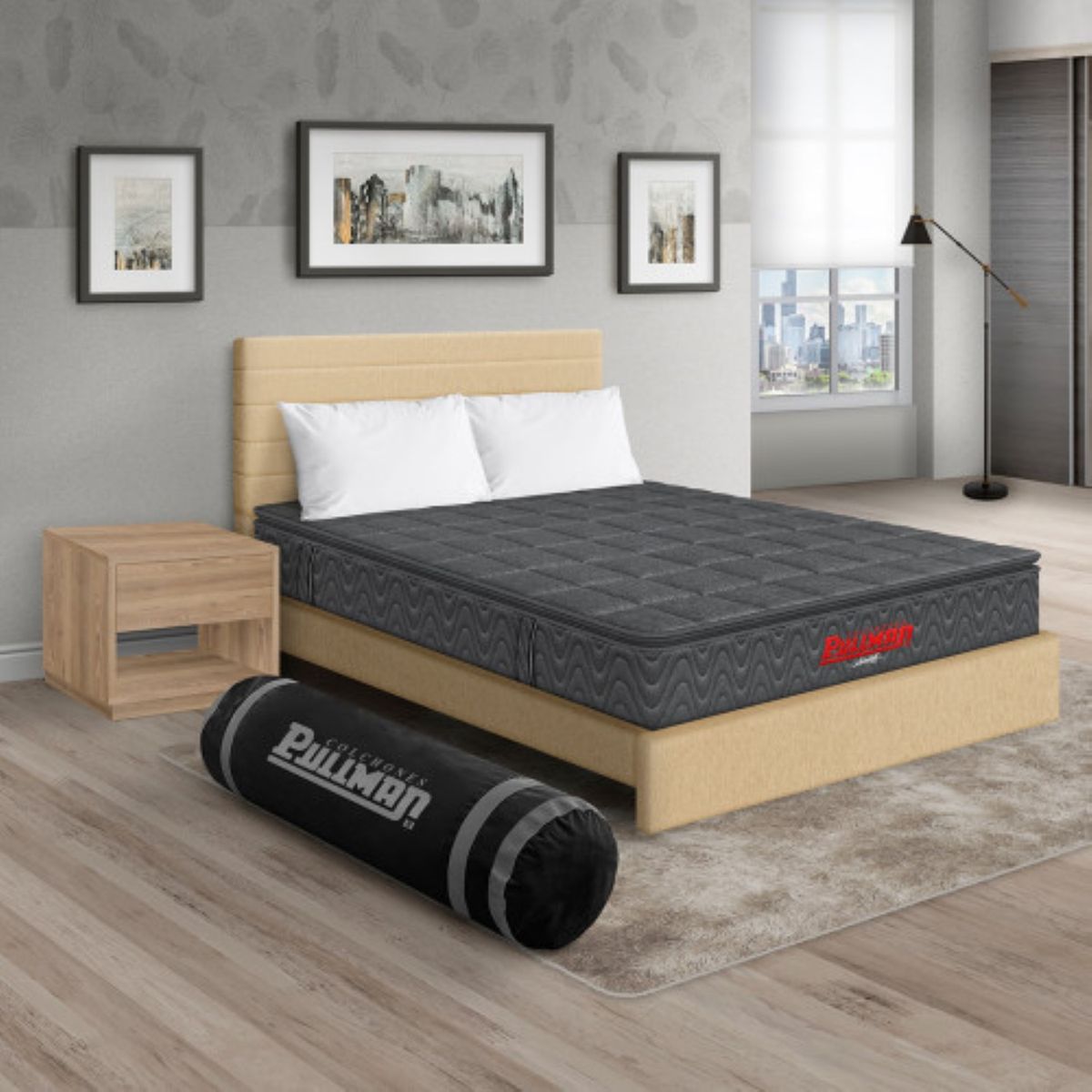 PULLMAN - Colchón Cama King Firmeza Media Ortopédico con Pillow Resortado Orthopack BTU 200 x 200 cm + 2 Almohada + Cabecero + Mesa de Noche Pullman 