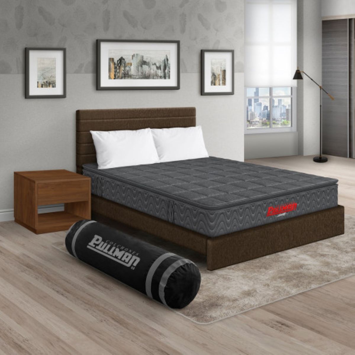 PULLMAN - Colchón Cama Semidoble Firmeza Media Ortopédico con Pillow Resortado Orthopack BTU 120 x 190 cm + Almohada + Cabecero + Mesa de Noche Pullman 