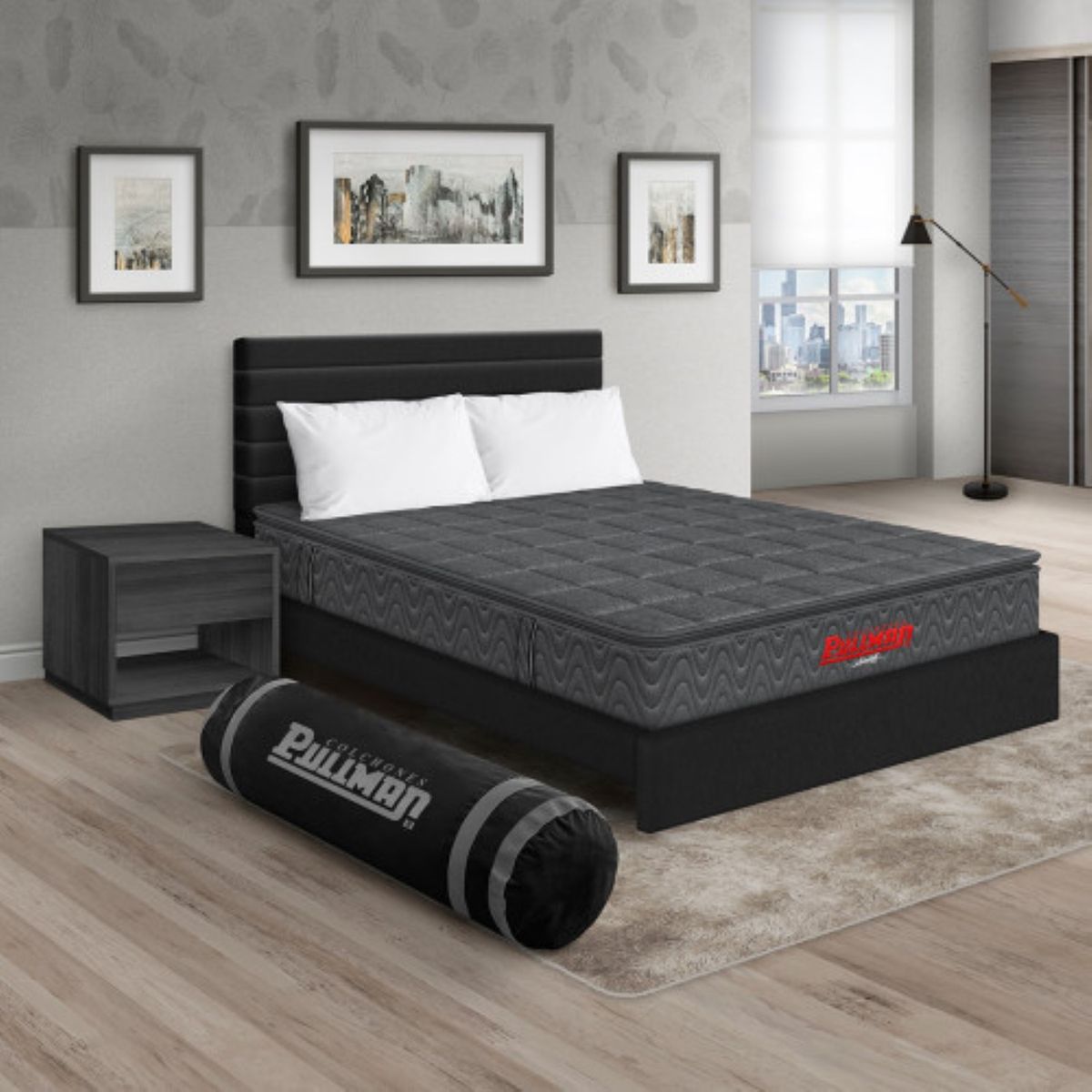 PULLMAN - Colchón Cama Semidoble Firmeza Media Ortopédico con Pillow Resortado Orthopack BTU 120 x 190 cm + Almohada + Cabecero + Mesa de Noche Pullman 