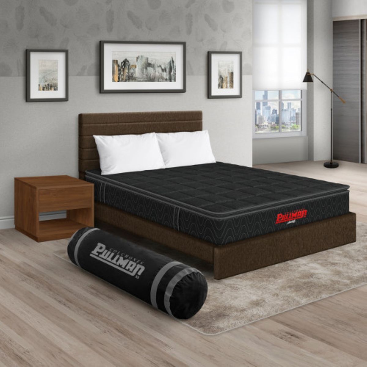 PULLMAN - Colchón Cama Doble Firmeza Media Ortopédico con Pillow Resortado Orthopack BTU 140 x 190 cm + 2 Almohada + Cabecero + Mesa de Noche Pullman 