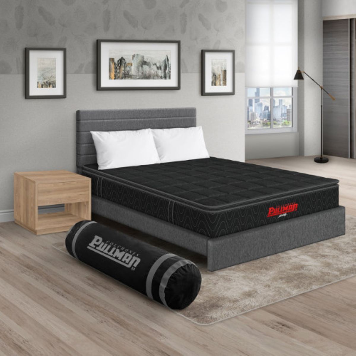 PULLMAN - Colchón Cama Semidoble Firmeza Media Ortopédico con Pillow Resortado Orthopack BTU 120 x 190 cm + Almohada + Cabecero + Mesa de Noche Pullman 