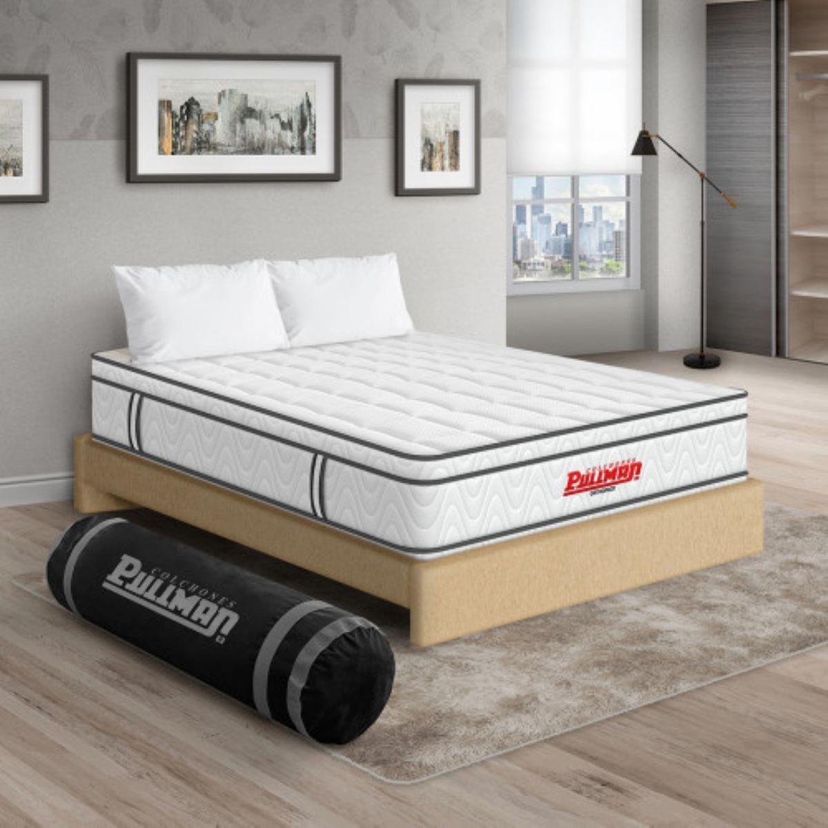 PULLMAN - Colchón con Base Cama Semidoble Firmeza Media Ortopédico con Pillow Resortado Orthopack Euro 120 x 190 cm + Almohada Pullman 