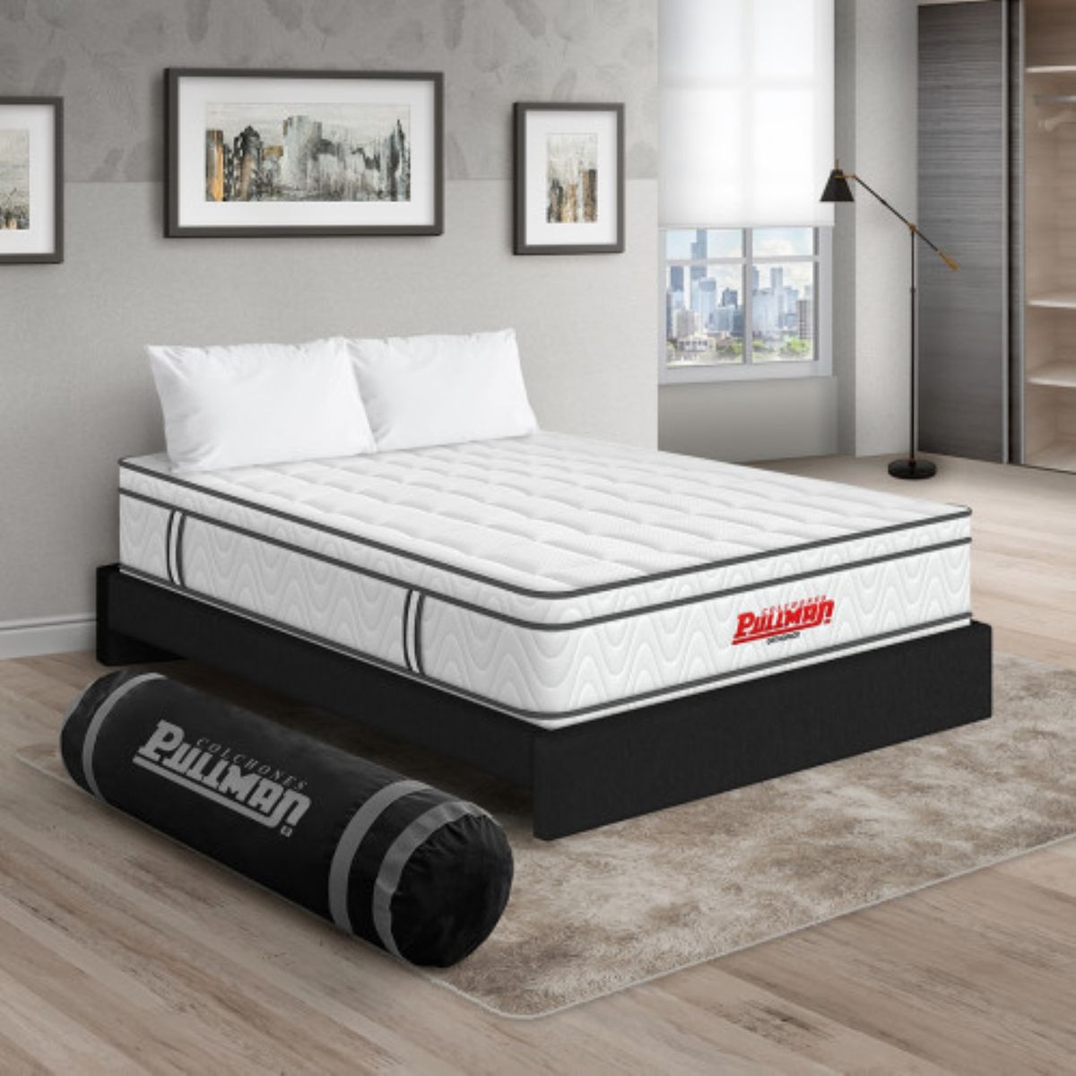 PULLMAN - Colchón con Base Cama Doble Firmeza Media Ortopédico con Pillow Resortado Orthopack Euro 140 x 190 cm + 2 Almohada Pullman 