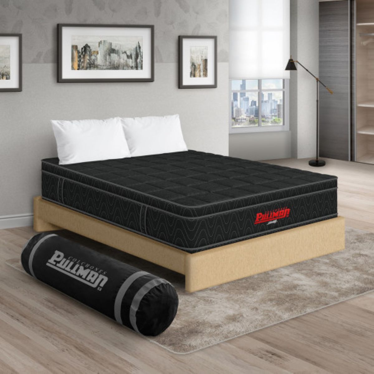 PULLMAN - Colchón con Base Cama Doble Firmeza Media Ortopédico con Pillow Resortado Orthopack Euro 140 x 190 cm + 2 Almohada Pullman 