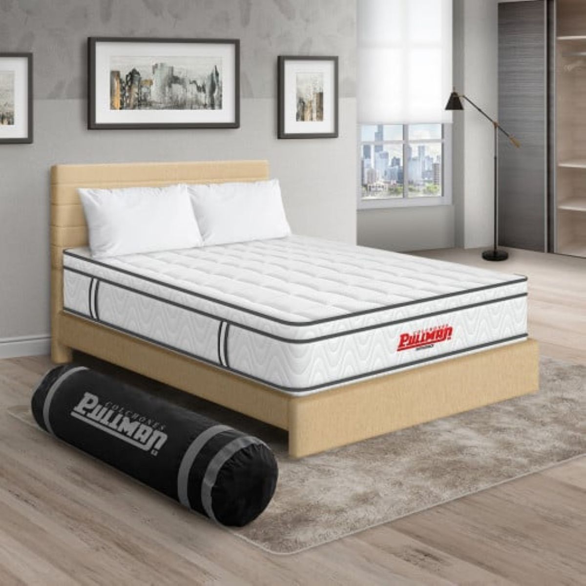 PULLMAN - Colchón Cama Semidoble Firmeza Media Ortopédico con Pillow Resortado Orthopack Euro 120 x 190 cm + Almohada + Cabecero Pullman 