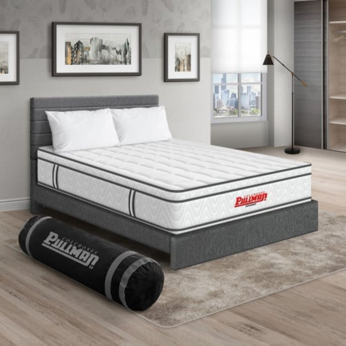 PULLMAN - Colchón Cama Queen Firmeza Media Ortopédico con Pillow Resortado Orthopack Euro 160 x 190 cm + 2 Almohada + Cabecero Pullman 