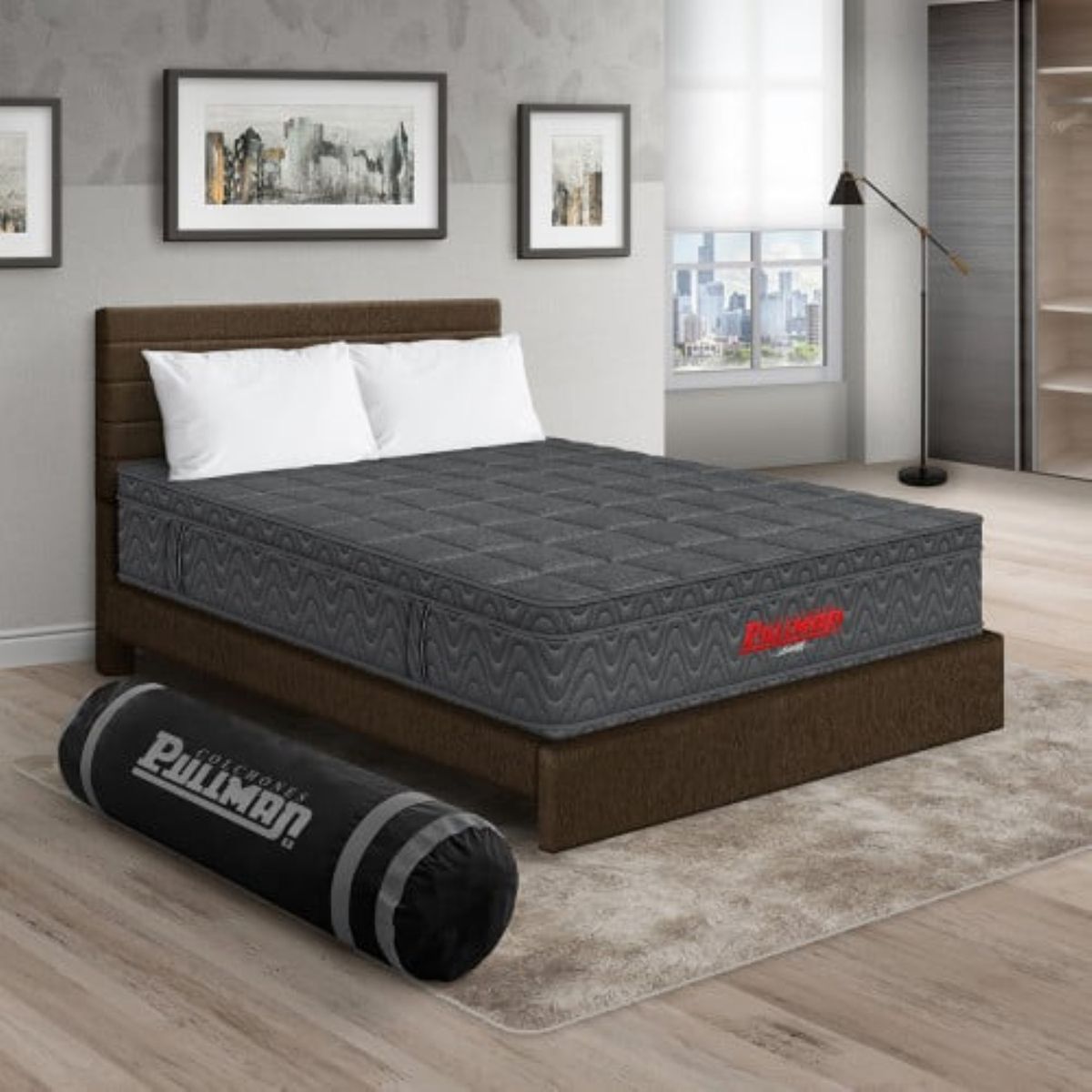 PULLMAN - Colchón con Base Cama Queen Firmeza Media Ortopédico con Pillow Resortado Orthopack Euro 160 x 190 cm + 2 Almohada + Cabecero Pullman 