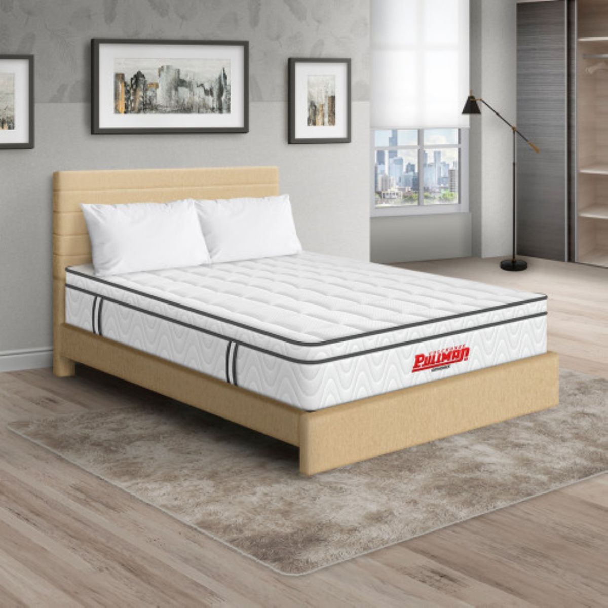 PULLMAN - Colchón Cama Doble Firmeza Media Ortopédico con Pillow Resortado Orthopack Euro 140 x 190 cm + 2 Almohada + Cabecero Pullman 
