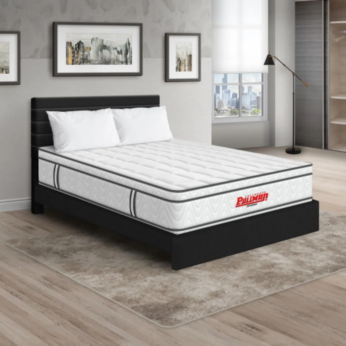 PULLMAN - Colchón con Base Cama Semidoble Firmeza Media Ortopédico con Pillow Resortado Orthopack Euro 120 x 190 cm + Almohada + Cabecero Pullman 