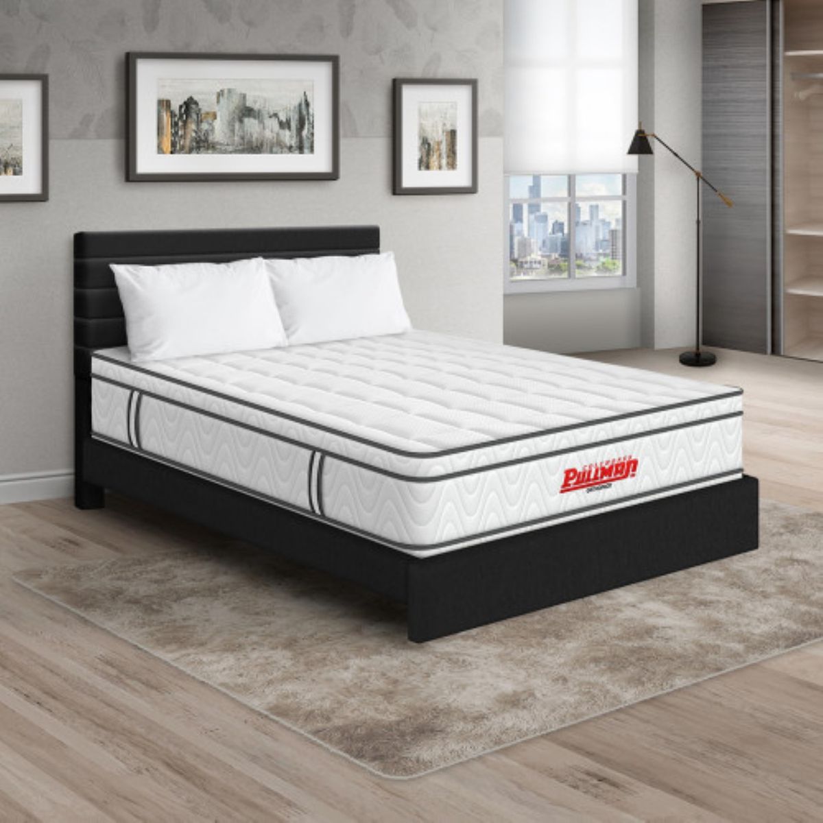 PULLMAN - Colchón Cama Doble Firmeza Media Ortopédico con Pillow Resortado Orthopack Euro 140 x 190 cm + 2 Almohada + Cabecero Pullman 