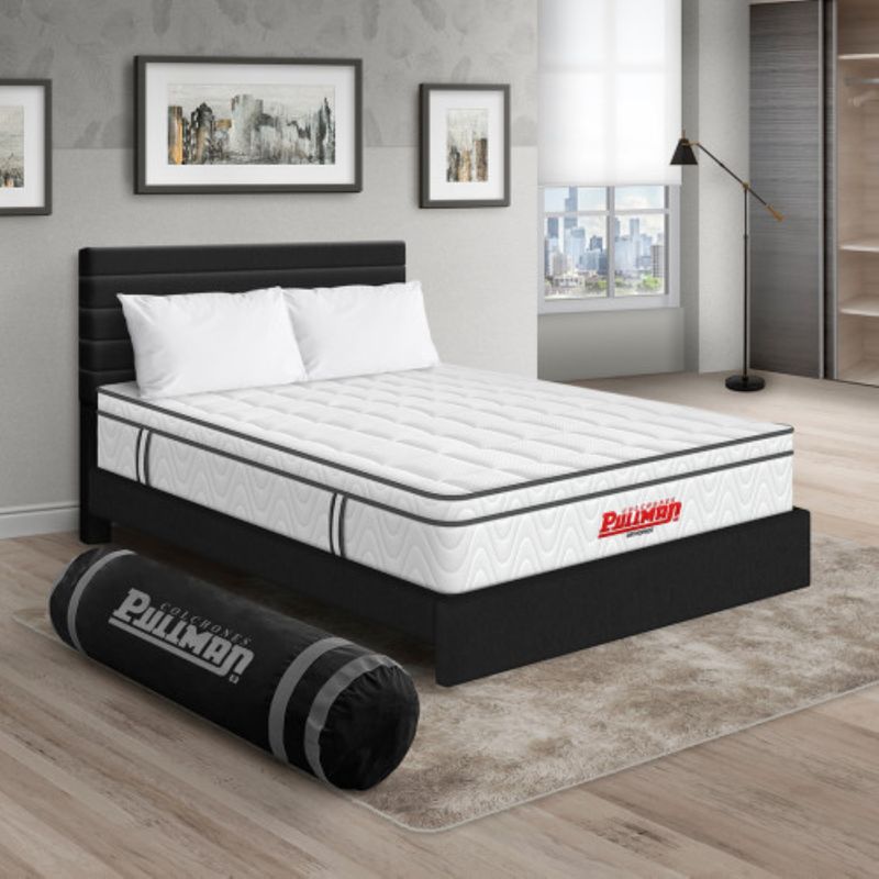 PULLMAN - Colchón con Base Cama Queen Firmeza Media Ortopédico con Pillow Resortado Orthopack Euro 160 x 190 cm + 2 Almohada + Cabecero Pullman 