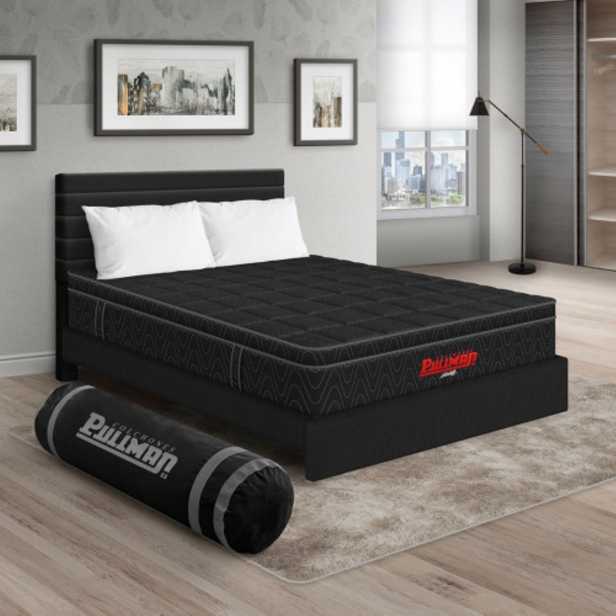 PULLMAN - Colchón con Base Cama Doble Firmeza Media Ortopédico con Pillow Resortado Orthopack Euro 140 x 190 cm + 2 Almohada + Cabecero Pullman 