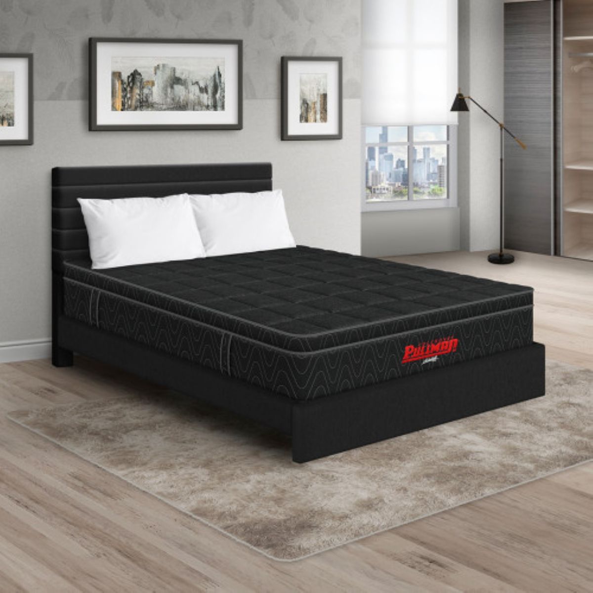 PULLMAN - Colchón con Base Cama Doble Firmeza Media Ortopédico con Pillow Resortado Orthopack Euro 140 x 190 cm + 2 Almohada + Cabecero Pullman 