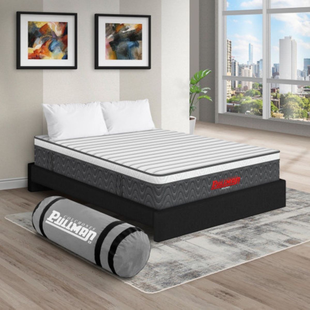 PULLMAN - Colchón con Base Cama Sencillo Firmeza Media Ortopédico con Pillow Resortado RollPack 100 x 190 cm + Almohada Pullman 