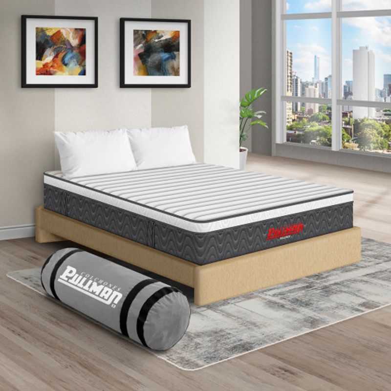 PULLMAN - Colchón con Base Cama King Firmeza Media Ortopédico con Pillow Resortado RollPack 200 x 200 cm + 2 Almohada Pullman 