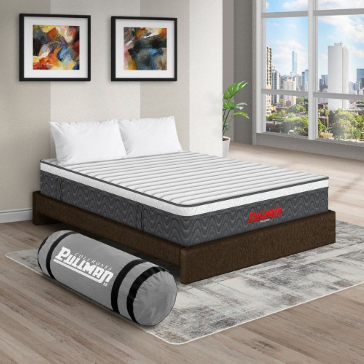 PULLMAN - Colchón con Base Cama Sencillo Firmeza Media Ortopédico con Pillow Resortado RollPack 100 x 190 cm + Almohada Pullman 