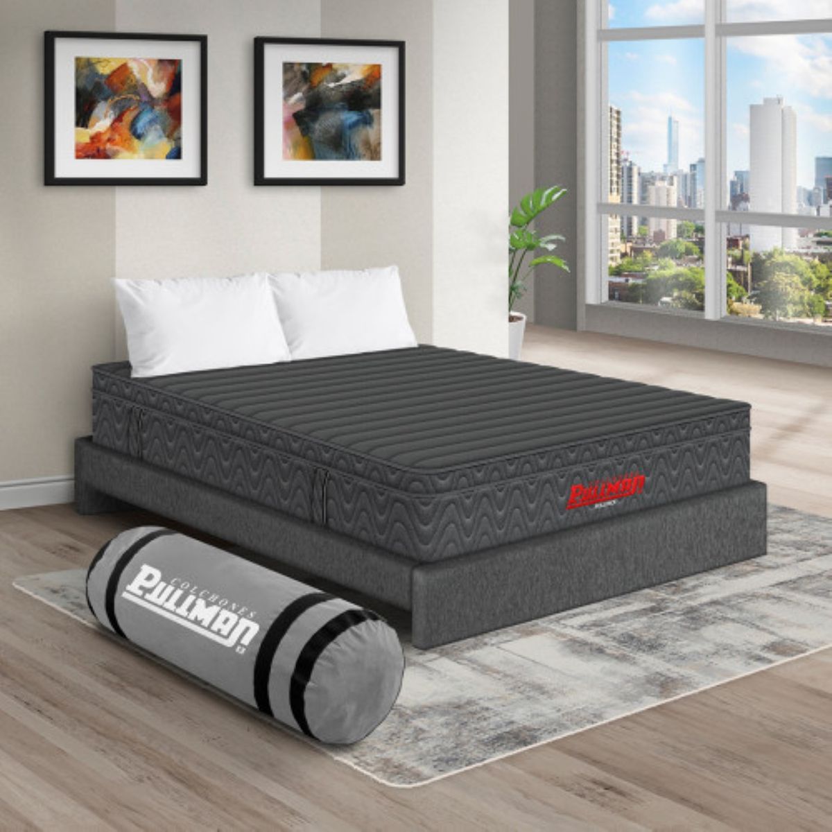 PULLMAN - Colchón con Base Cama King Firmeza Media Ortopédico con Pillow Resortado RollPack 200 x 200 cm + 2 Almohada Pullman 