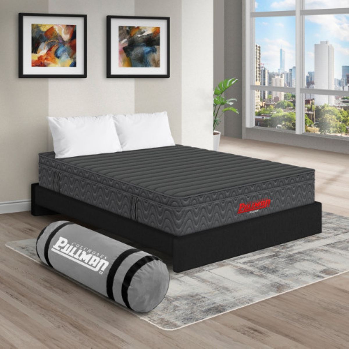 PULLMAN - Colchón con Base Cama Sencillo Firmeza Media Ortopédico con Pillow Resortado RollPack 100 x 190 cm + Almohada Pullman 